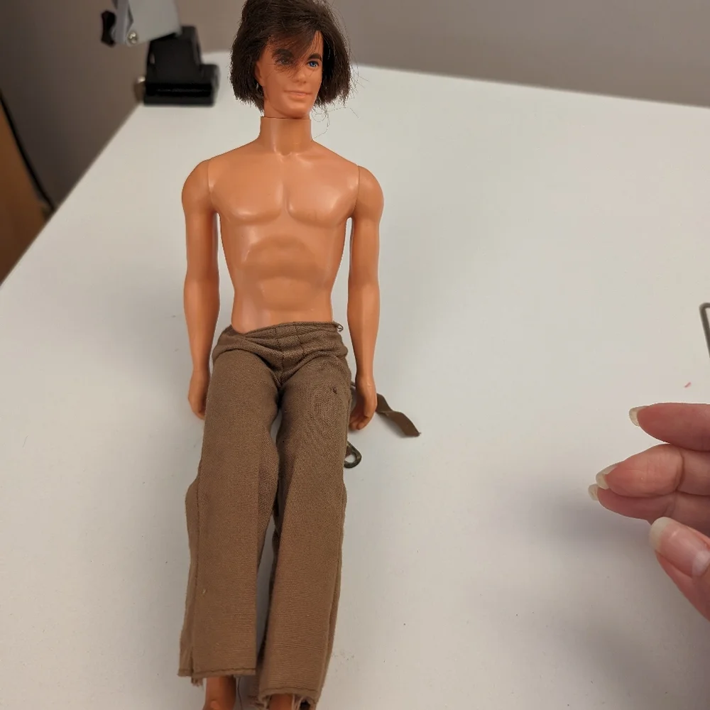 Vintage Ken Doll Rooted Dark Brown Hair Blue Eyes, 1968 with hand knit sweater